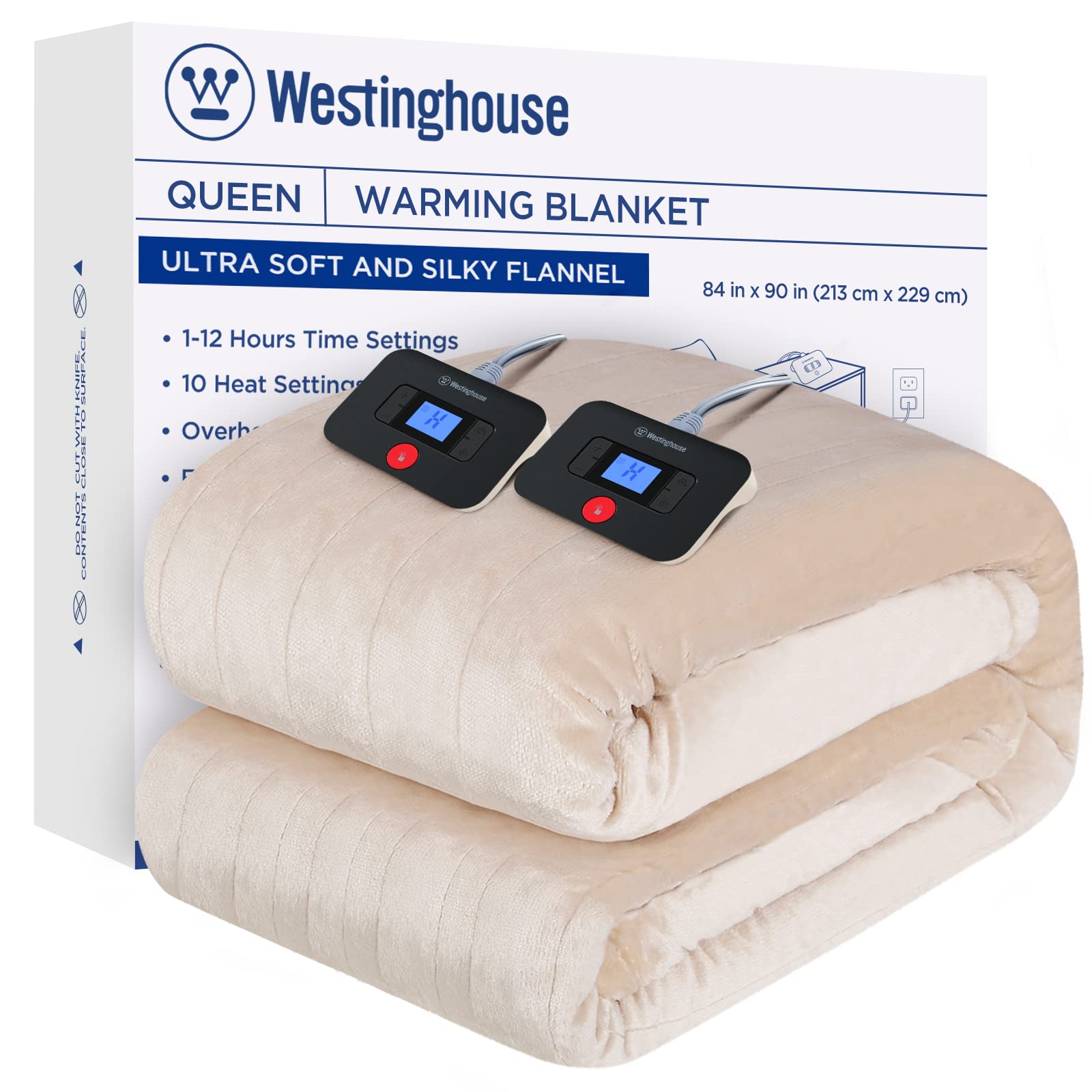 Westinghouse Electric Blanket Queen Size, Super Cozy Soft Flannel 84'' x 90'' Heated Blanket with 10 Fast Heating Levels & 1-12 