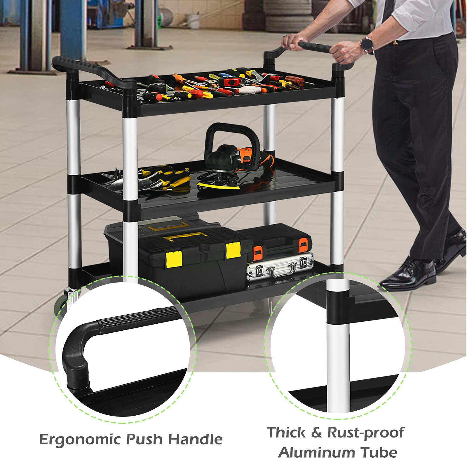 Ironmax Rolling Service Cart With Wheels, 3 Tier Heavy Duty Utility Cart With 495 Lbs Loading Capacity, Plastic Push Cart For Kitchen, Restaurant, Office, Warehouse, Garage