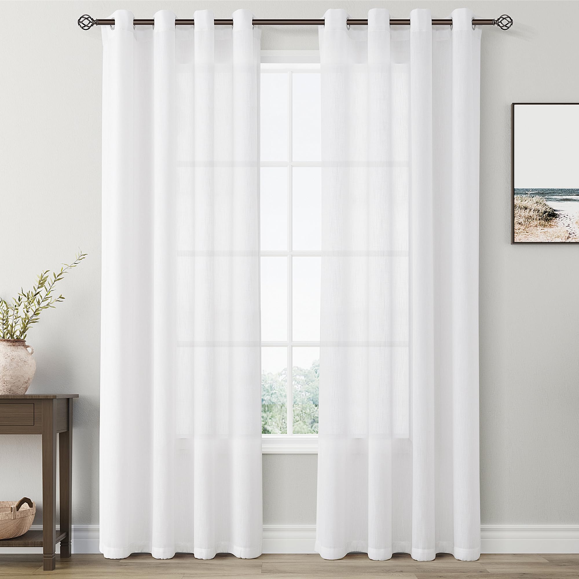 White Linen Curtains 84 Inch Length For Living Room 2 Panels Light Filtering Privacy Sheer Drapes Modern Farmhouse Thick Cotton