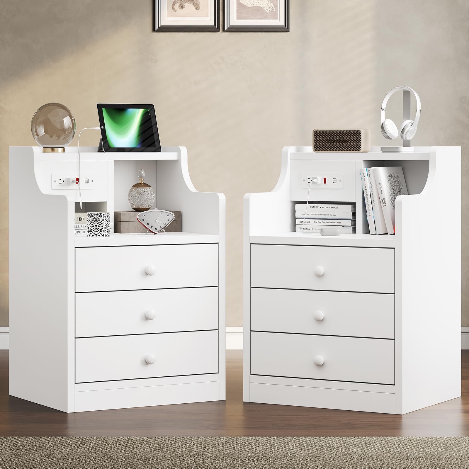 Tiptiper Nightstand Set 2, White Night Stands With Hutch And Charging Station, Nightstand With 3 Drawers For Bedrooms Set Of 2, Modern Bedside Table End Side Table