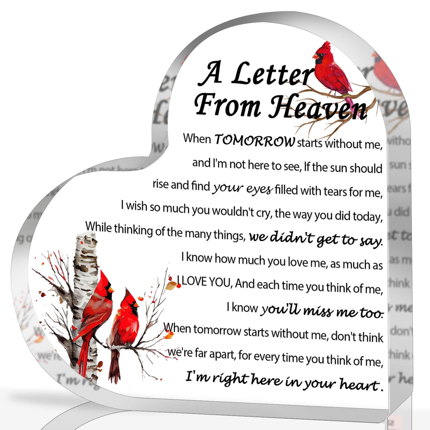 Sympathy Gifts, Red Cardinal Gifts - A Letter from Heaven - Crystal Acrylic Paperweight Remembrance Decorations