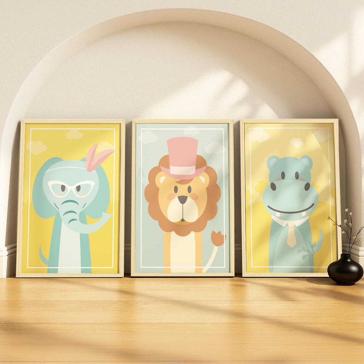 SoulAbiti Dapper Safari set of 3 Framed Wall Print 12x18 inch Light Brown Frame PlexiGlass Kids Nursery Art ready to hang for l