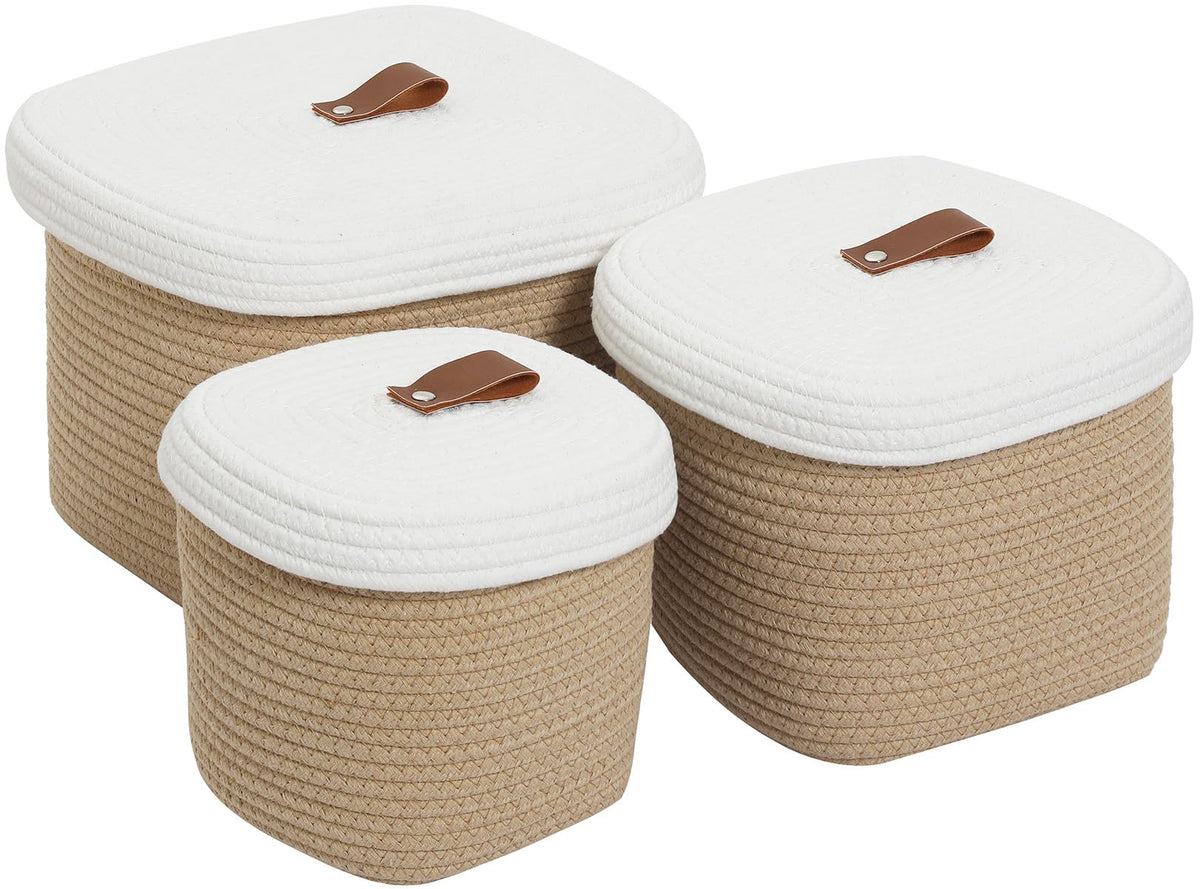 Cottonphant Set of 3 Nesting Woven Storage Baskets with Lids, Cotton Rope Decorative Basket Set for Shelf Closet Living Room Org