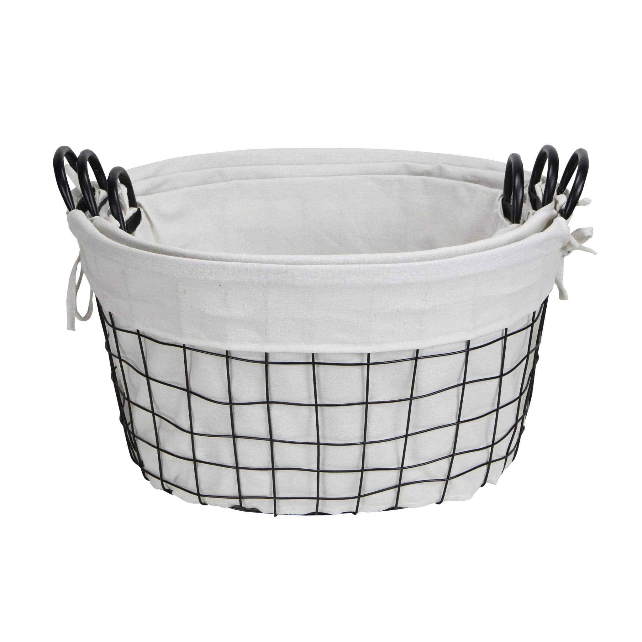 Homeroots Set Of 3 Oval White Lined And Metal Wire Baskets With Handles