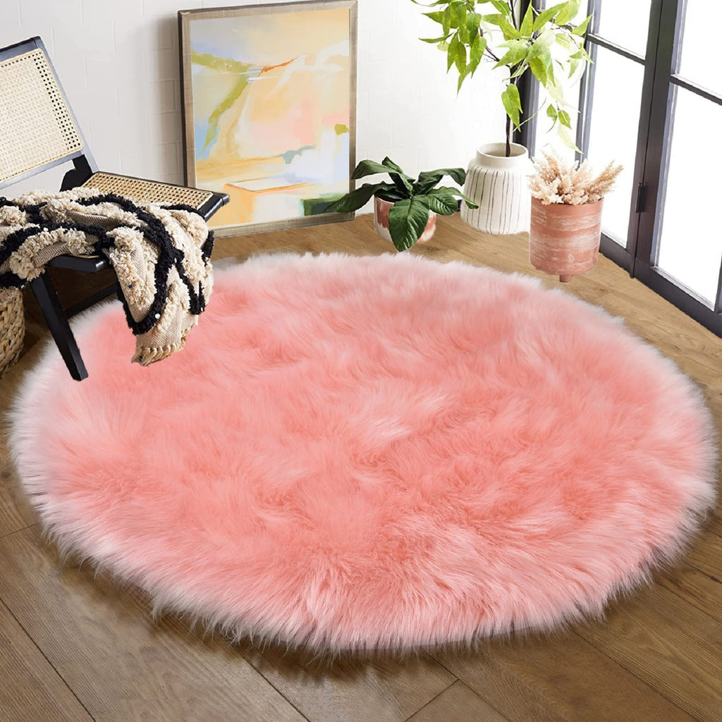 Orinova Round Rug 3Ft Pink Small Fluffy Rug For Living Room Washable Shaggy Area Rugs For Bedroom Cute Room Circle Nursery Rug