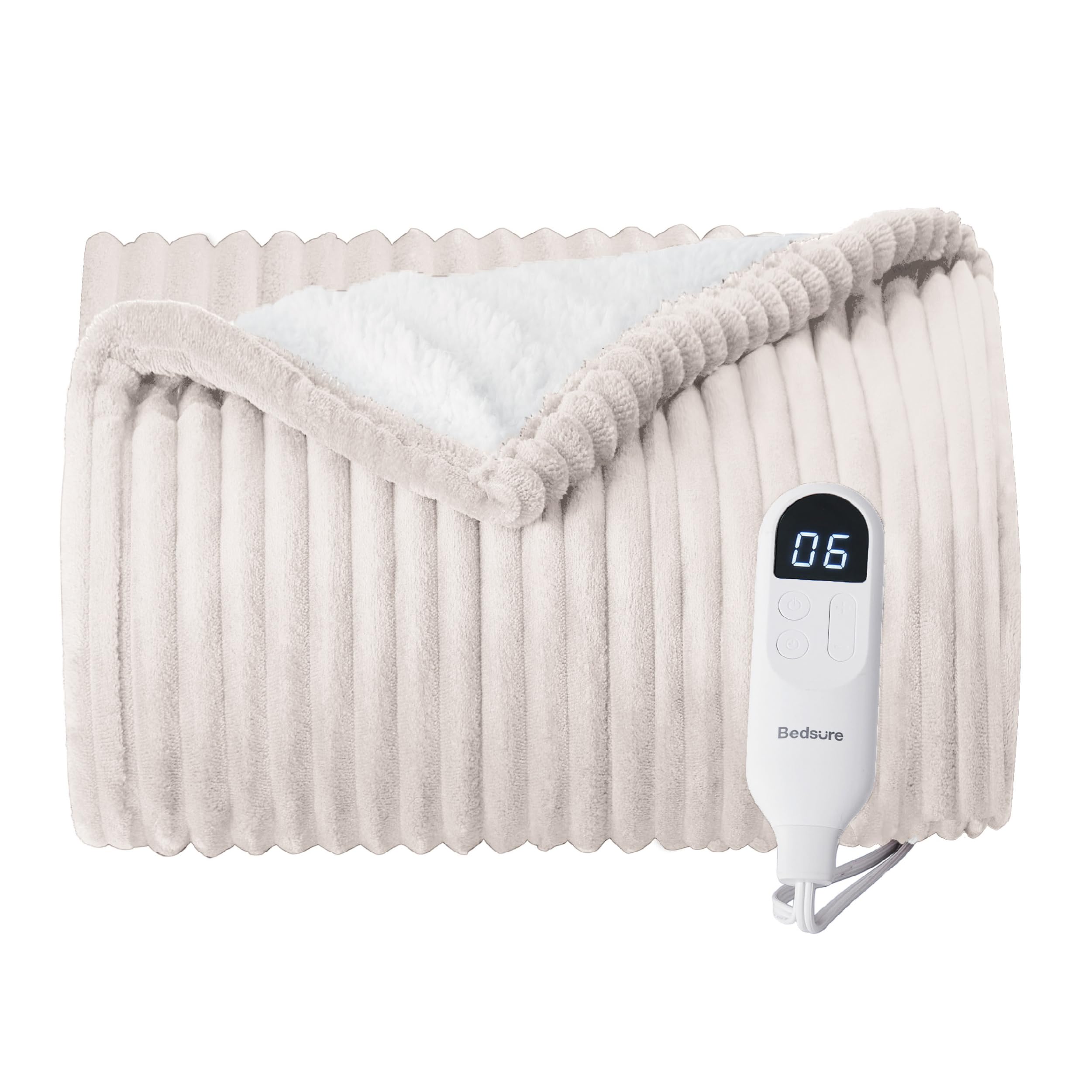 Bedsure Electric Blanket Heated Throw - Soft Ribbed Flannel Heated Blanket, Fast Heating Electric Throw With 6 Heating Levels &