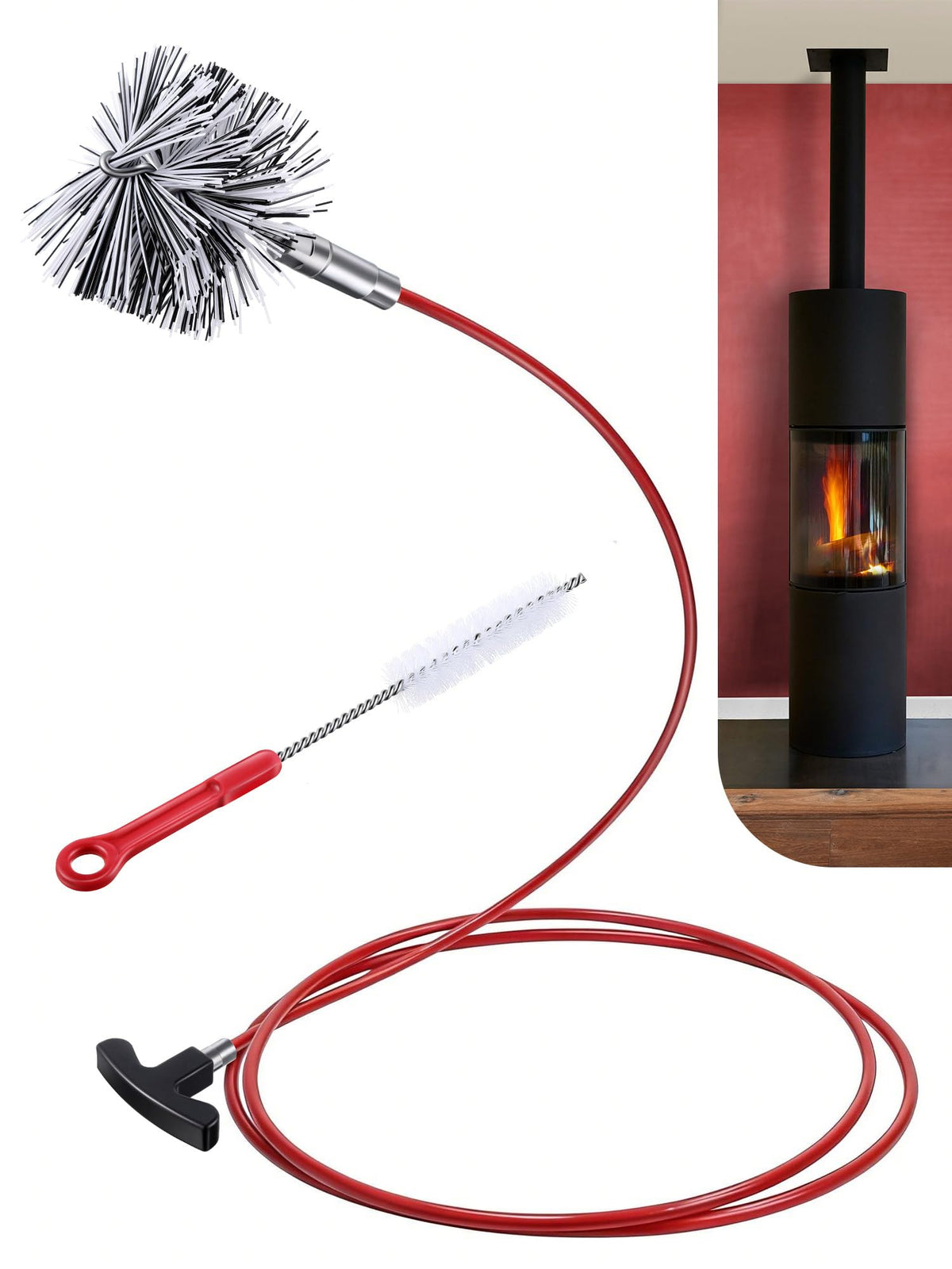 Feekoon Pellet Stove Cleaning Kit, 10 FT Flexible Steel Rod with 3 Brush Head, Flue Detail Cleaner, Pellet Stove Accessories fo