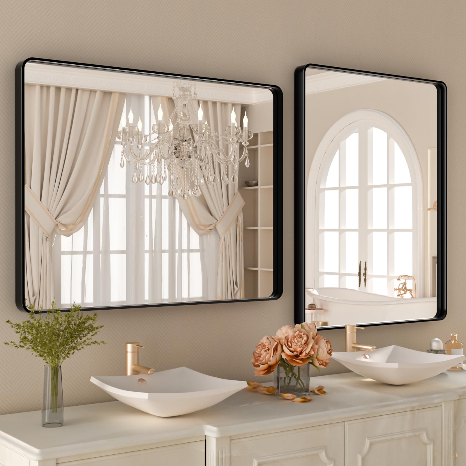 Istripmf Black Metal Framed Bathroom Mirror For Wall,28X32 Inch Rounded Rectangle Mirror,Matte Black Bathroom Vanity Mirror Farm