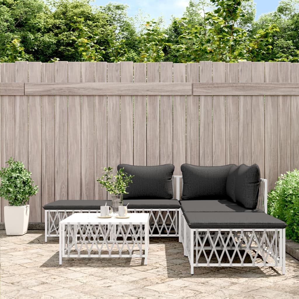 vidaXL Patio Lounge Set 6-Piece with Cushions - White Durable Steel & Woven Fabric - Modular Outdoor Sofa Set with Comfy Backrest & Thick Cushions - Weather-Resistant & Easy to Maintain