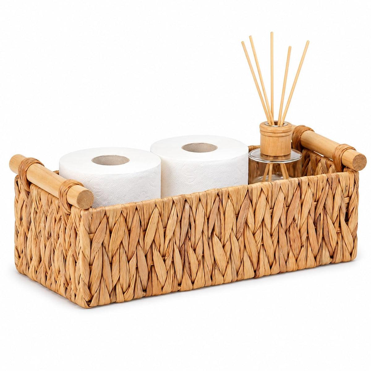 Rattanzenith Water Hyacinth Toilet Tank Basket with Wood Handles, Natural