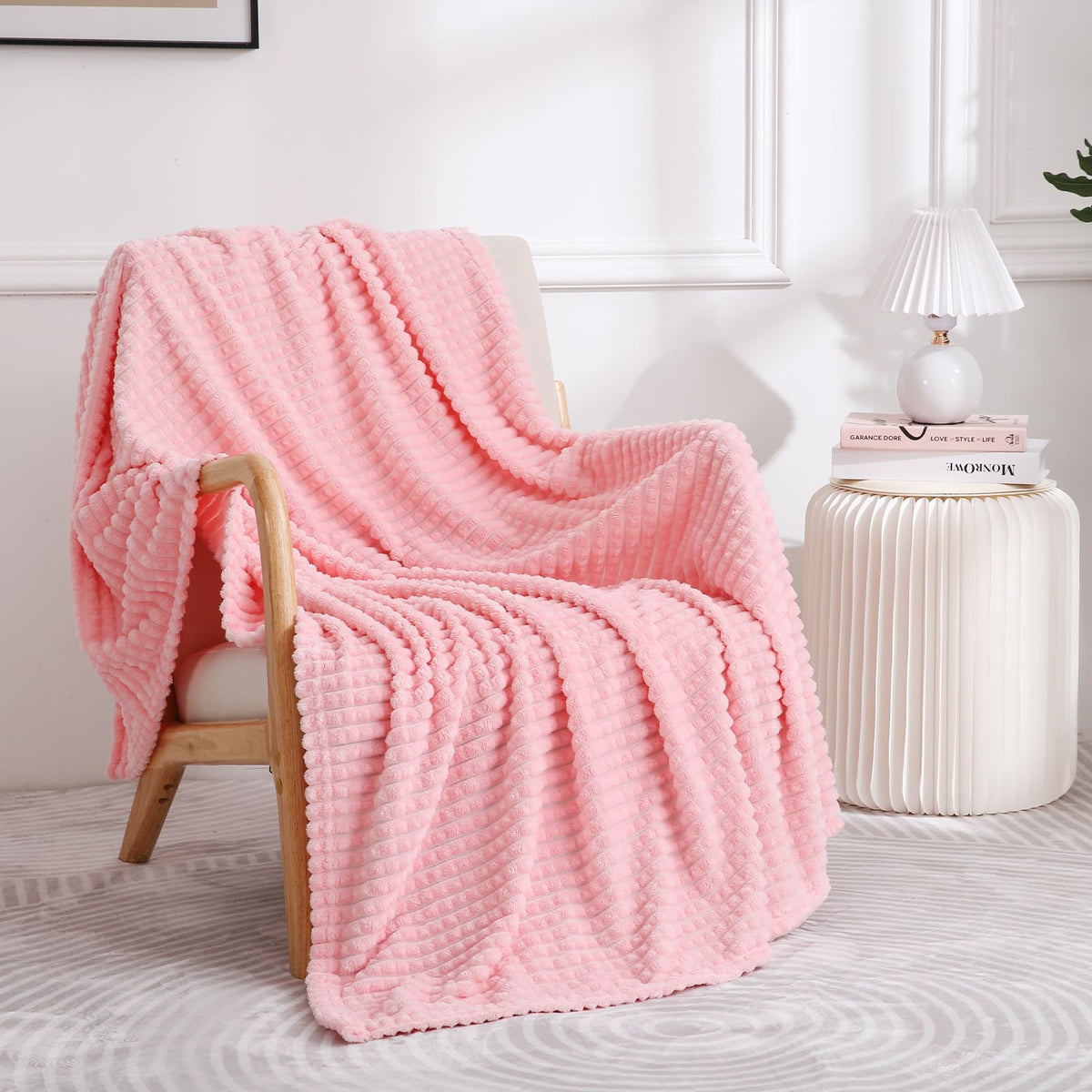Puncuntex Flannel Fleece Throw Blanket Light Pink 60''  80'',Super Soft Plush Cozy Blanket With Square Grid Design Luxury For Co