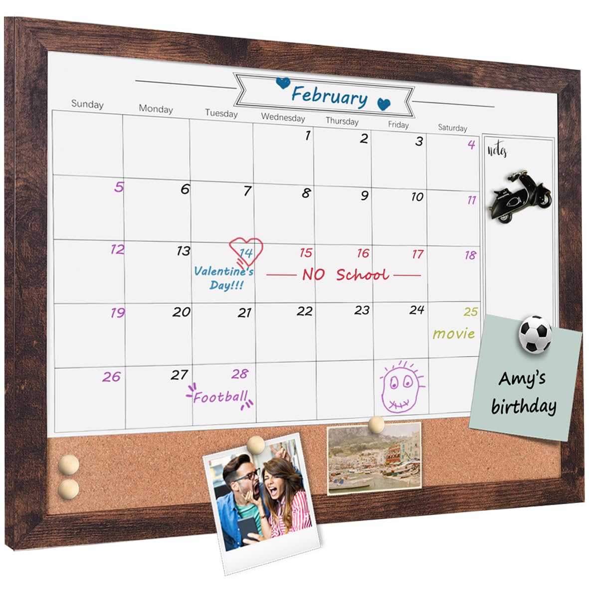 Toraso Whiteboard Calendar & Bulletin Board,Small Combination Dry Erase White Board,13' X 17',Walnut Brown Frame Calendar/Cork
