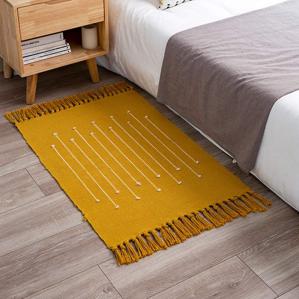 Wolala Home Bohemian Geometric Mustard Rug Hand Woven Cotton Rugs Entry Way Rug Rag Rug with Tassels and Non-Slip Mats Modern Fl