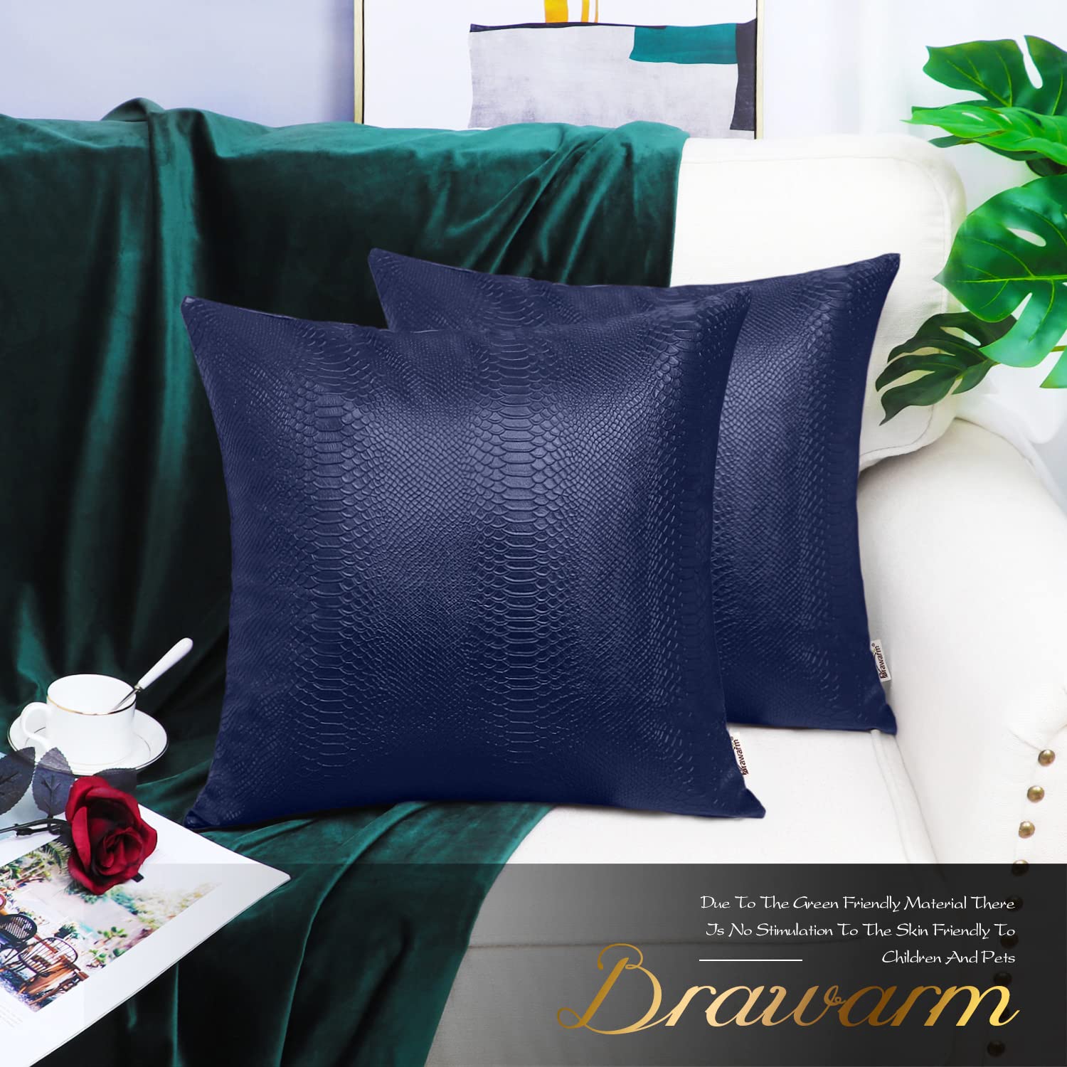 Brawarm Navy Blue Leather Throw Pillows 16 X 16 Inches, Snake Leather Pillow Covers Pack Of 2, Faux Leather Decorative Pillow Co