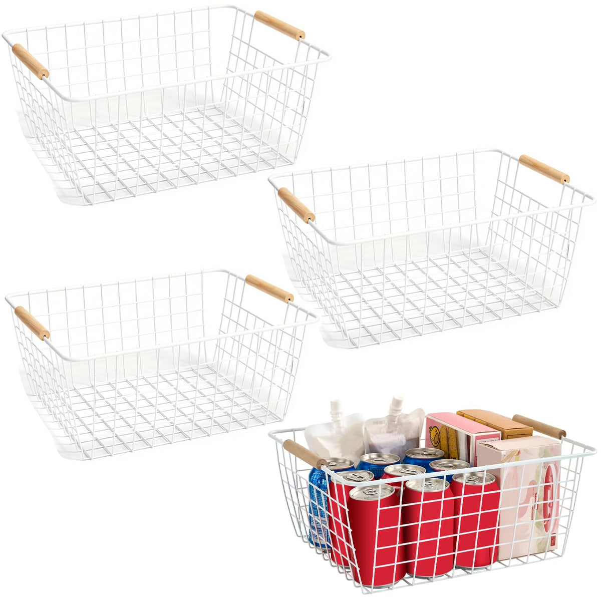 HDYOUDO 4 Pack White Large Wire Baskets for Organization Metal Wire Food Storage Basket Organizer with Wooden Handles for Organi