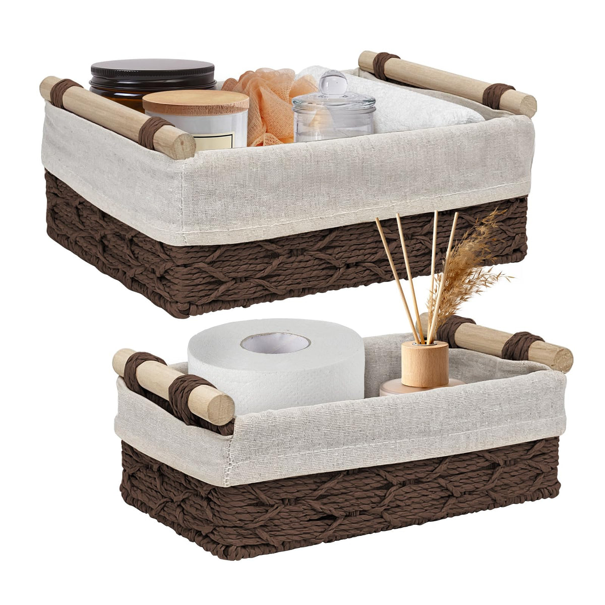 Wicker Storage Baskets with Wooden Handle, Decorative Paper Rope Organizer Bins for Home, Bathroom, or Countertop, Small Baskets