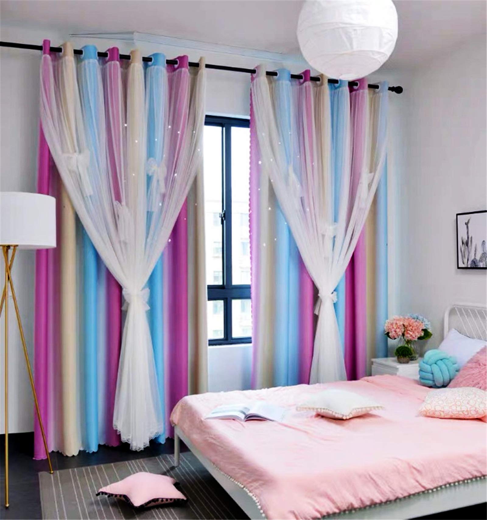 Yancorp Curtains For Girls Bedroom Kids Curtain Hollow-Out Star Window Drapes Curtain 84 Inches Length Room Darkening Grommet 2 Layers,1 Panel (Pink Blue, W52 X L84)