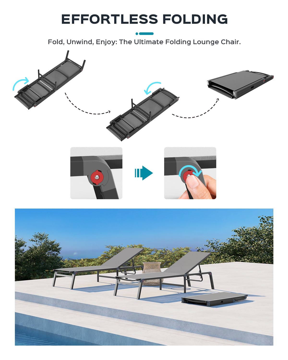 Aluminum Chaise Lounge Ourdoor - Foldable & Assemble Free Outdoor Lounge Chair With 5 Adjustable Backrest, Patio Lounge Chair For Outside Poolside Beach Pool, Grey