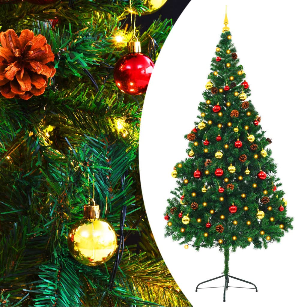 vidaXL Pre-Decorated Artificial Christmas Tree - 7ft, PVC, Indoor/Outdoor, LED Lighting, USB Powered, Weather Resistant, Green, with Red and Gold Baubles.