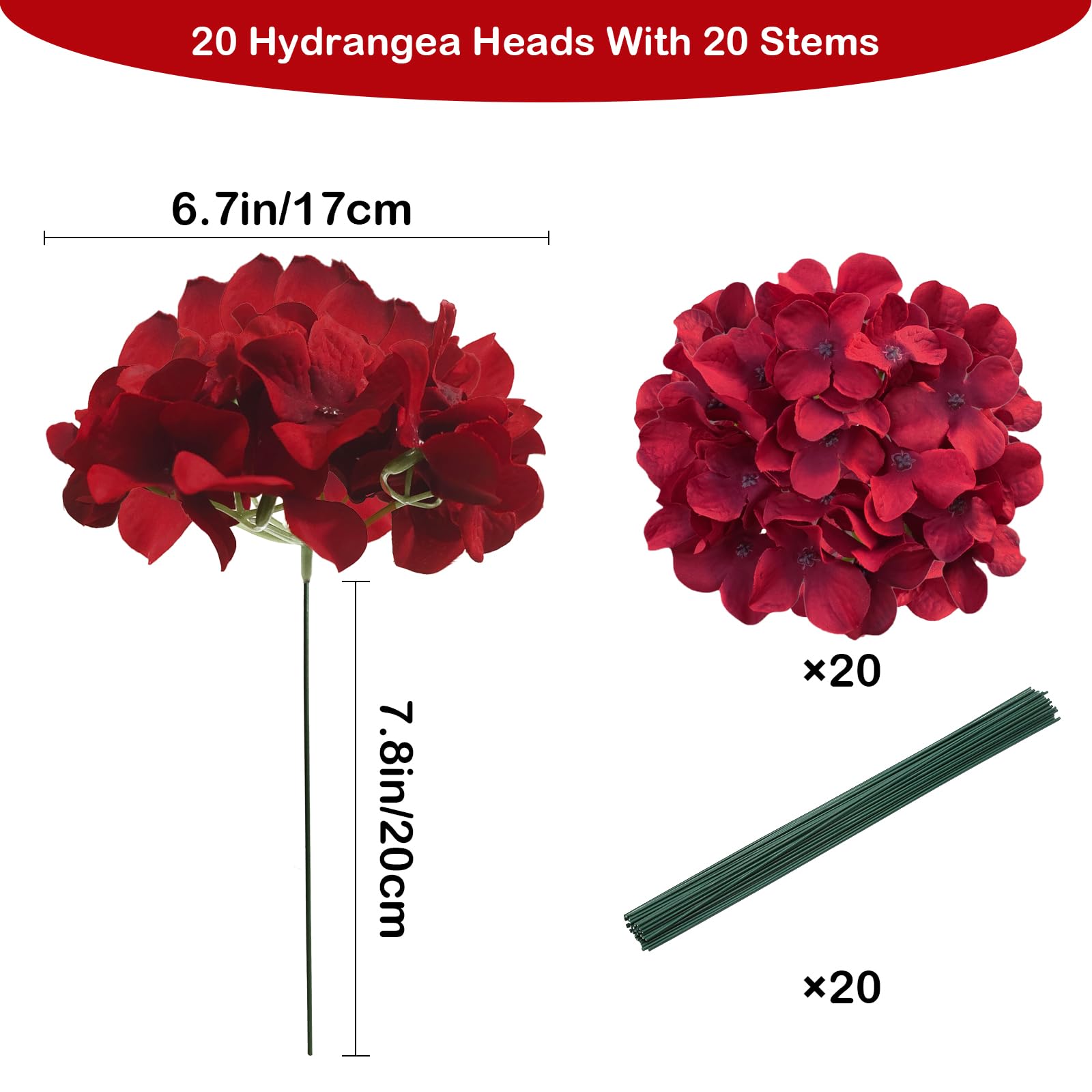 Cherica 20 Pcs Dark Red Hydrangea Artificial Flowers Bulk, Faux Hydrangea Flowers Heads, Artificial Fake Silk Hydrangea Flowers