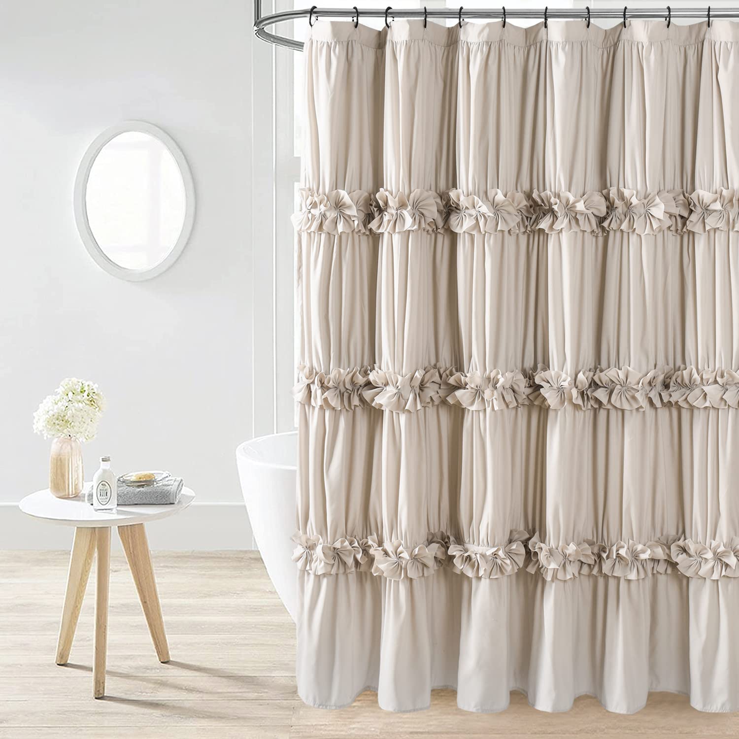 Homechoice Decor Camel Ruffle Shower Curtain, Vintage Handcrafted Bow Tie Bath Curtain For Master Bathroom, Ruched Microfiber Ba