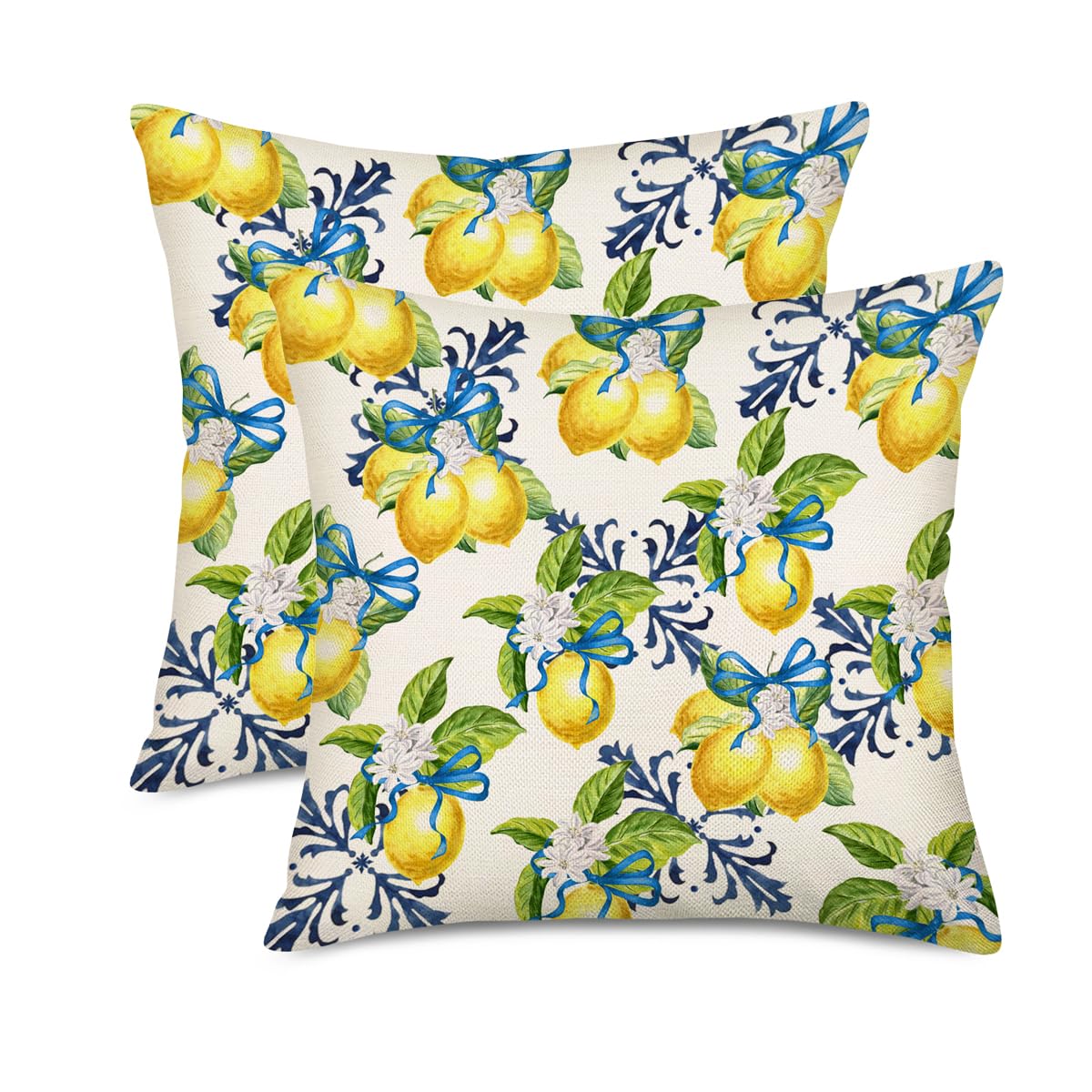 Fukeen Yellow Lemon Pillow Covers 20X20 Inch Set Of 2 Summer Fruit Leaves Lemon Pillow Case Green Yellow Watercolor Decorative T