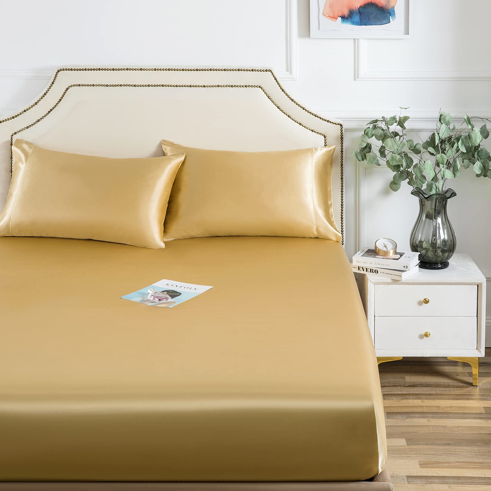 Satin Fitted Sheet, Full Fitted Sheet Only, 1 - Piece Ultra Soft Deep Pocket Single Silk Bottom Bed Sheet Full - Gold