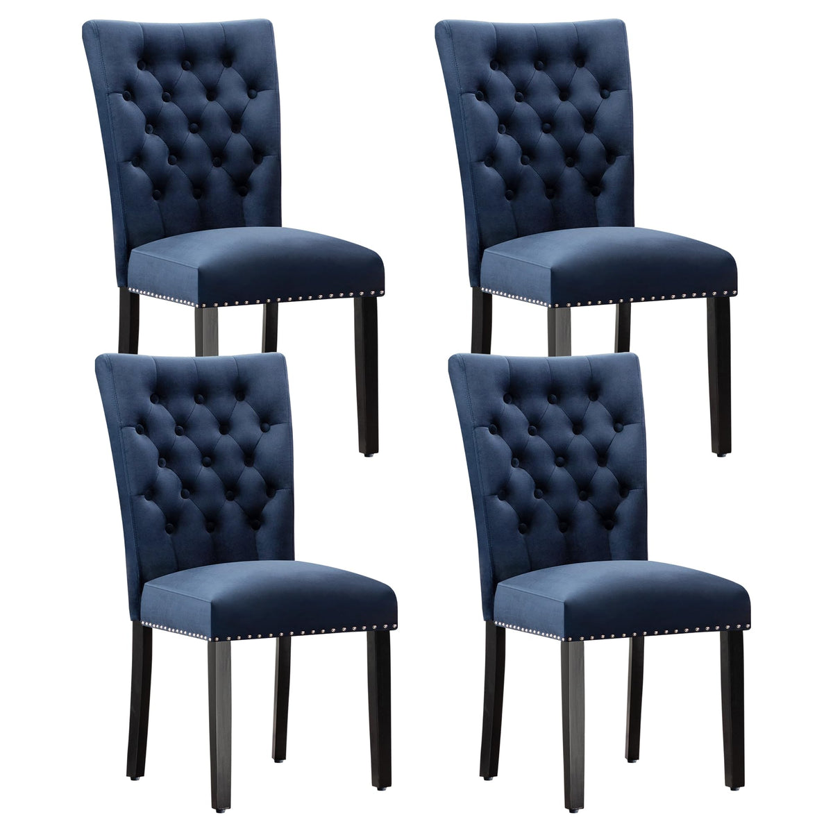 Adochr Velvet Dining Kitchen Chair Set Of 4, Parsons Upholstered Dining Room Chair, Wood Accent Chair With Nailed Trim, Blue