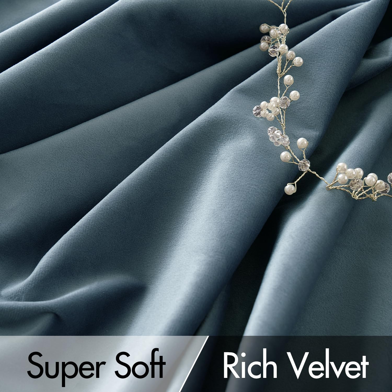 Miulee Stone Blue Velvet Curtains 90 Inches Long 2 Panels - Luxury Pinch Pleated Room Darkening Window Drapes For Bedroom Living