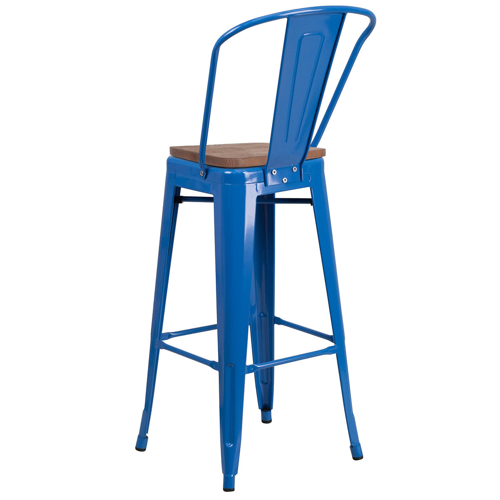 Flash Furniture Lily 30" High Blue Metal Barstool with Back and Wood Seat (Pack of 1)
