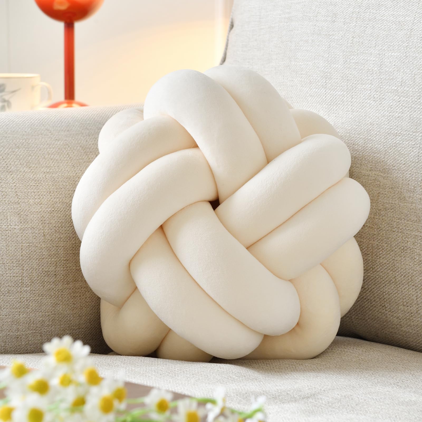 Vbgya Knot Ball Pillow, Round Decorative Throw Pillows Cushion, 11 Inch Beige Soft Plush Knotted Pillows Pillow, Modern Home Thr
