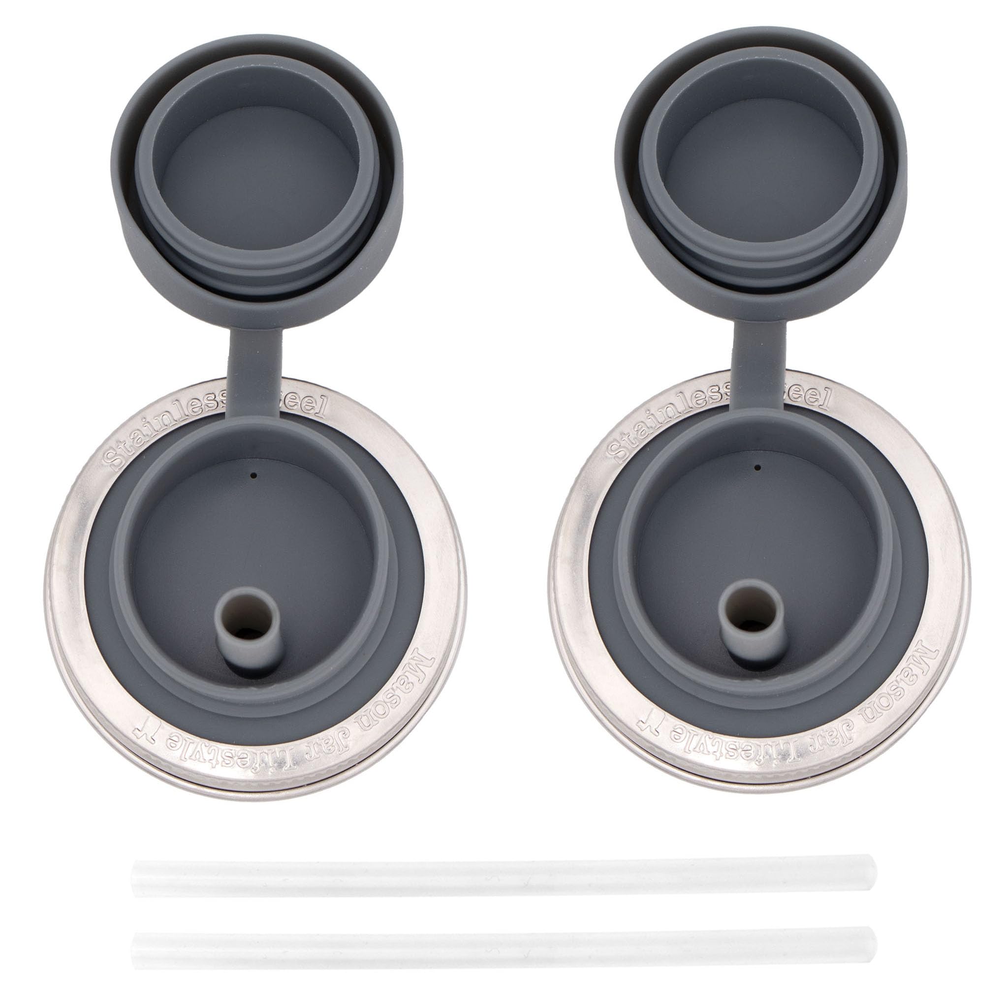 2 Pack Leak Proof Pop-Up Sippy Straw Lids For Regular Mouth Mason Jars (Charcoal Gray)