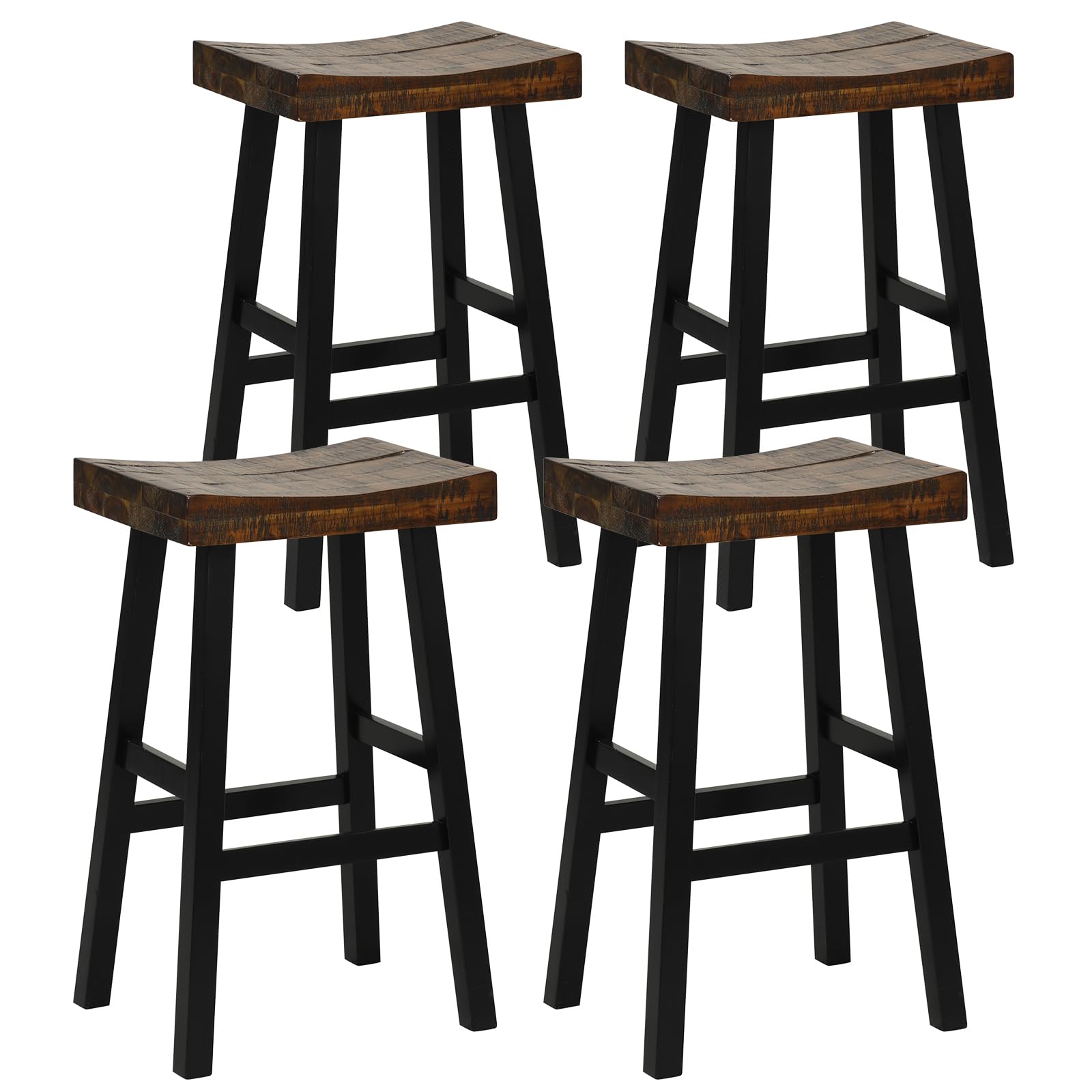 Costway Wooden Saddle Stools Set Of 4, 29-Inch Bar Height Stools With Curved Seat Surface, Rubber Wood, Acacia Wood, Footrests, Kitchen Island Counter Stools For Restaurant Cafe Pub, Brown+Black