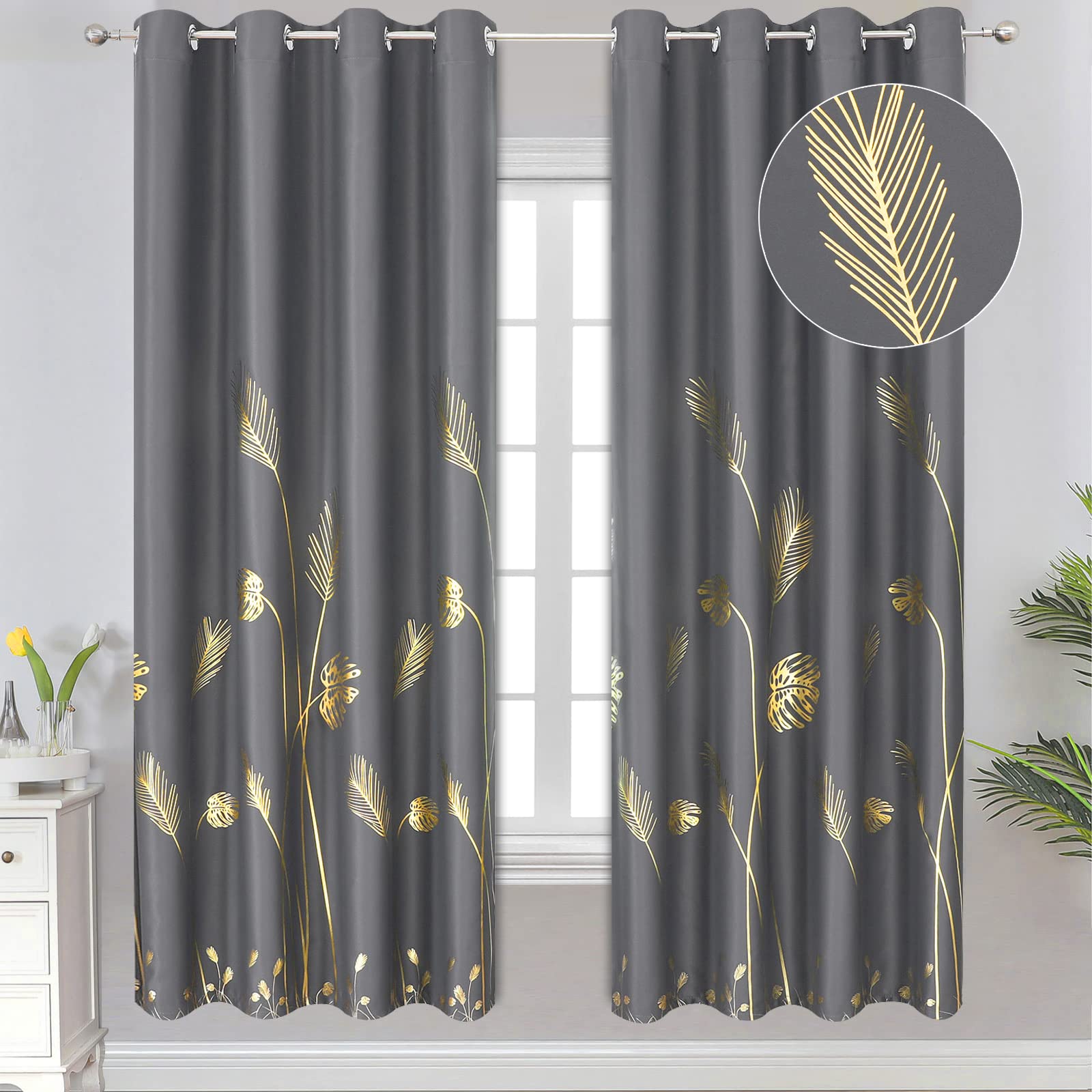 Estelar Textiler Blackout Curtains 72 Inch Length 2 Panels Set, Palm Tree And Wheat Pattern Grommet Curtains, Light Blocking The