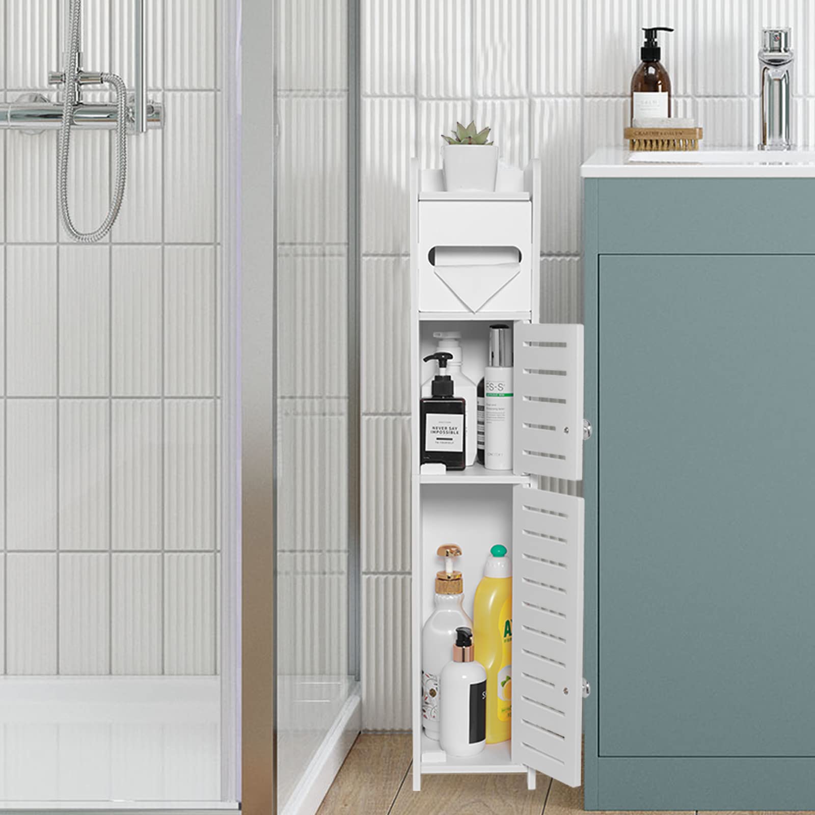 TUOXINEM Storage Cabinet for Small Spaces, Over The Toilet Cabinet for Skinny Bathroom Storage Corner Floor, Slim Paper Cabinet 