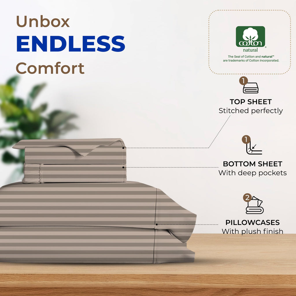 Thread Spread Luxury Egyptian Cotton King Stripe Sheet Set, 600 Thread Count Extra Long Staple 4 Pc Set, King Damask Sheets, Soft, Cooling Sateen Weave Striped Sheets Upto 18' Deep Pocket - Taupe