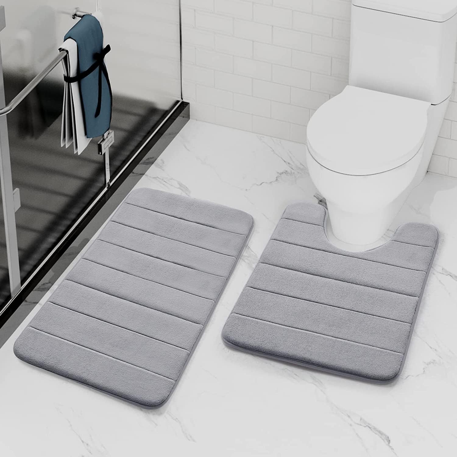 RIGJAK 2 Piece Memory Foam Bath Mat Set  Soft NonSlip Thick Bath Mat and Contour Toilet Rug, Absorbent Washable Bathroom Rugs 