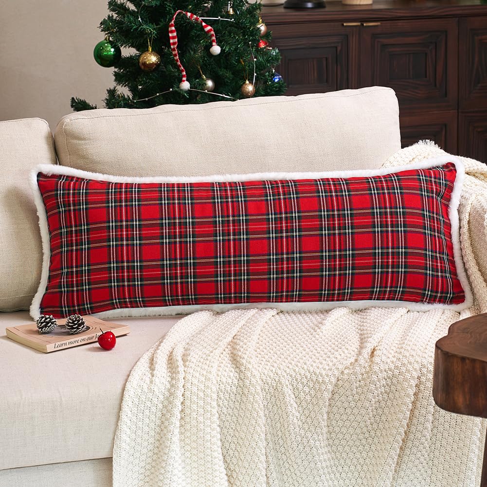 Jojogogo Red Tartan Plaid Christmas Lumbar Pillow Cover 14X36 Set Of 1, 14 X 36 White Furry Red Long Decorative Lumbar Pillow Fo