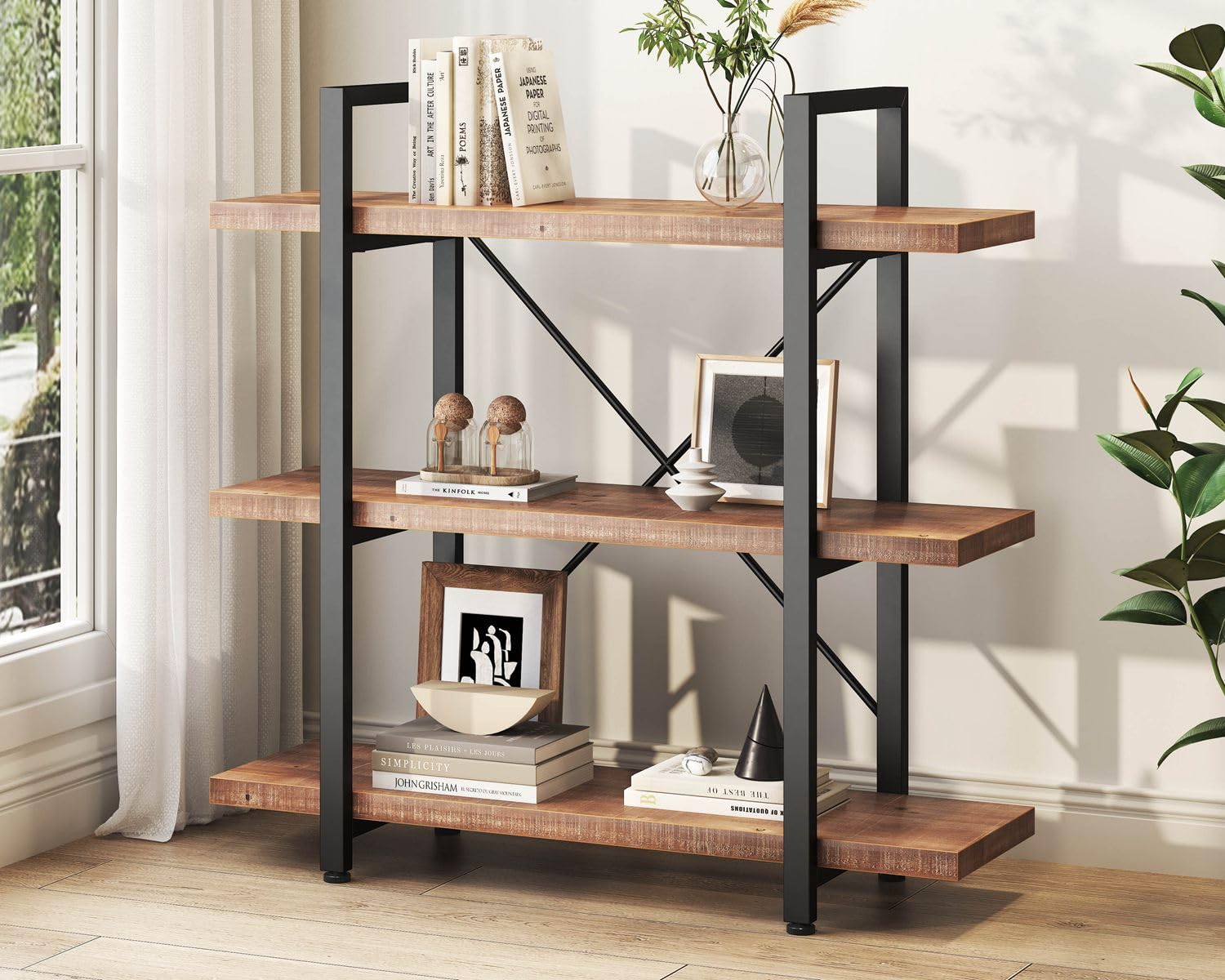 HSH Solid Real Wood Bookshelf, 3 Tier Rustic Vintage Industrial Book Shelf, Small Short Etagere Natural Wooden Bookcase, Open Me