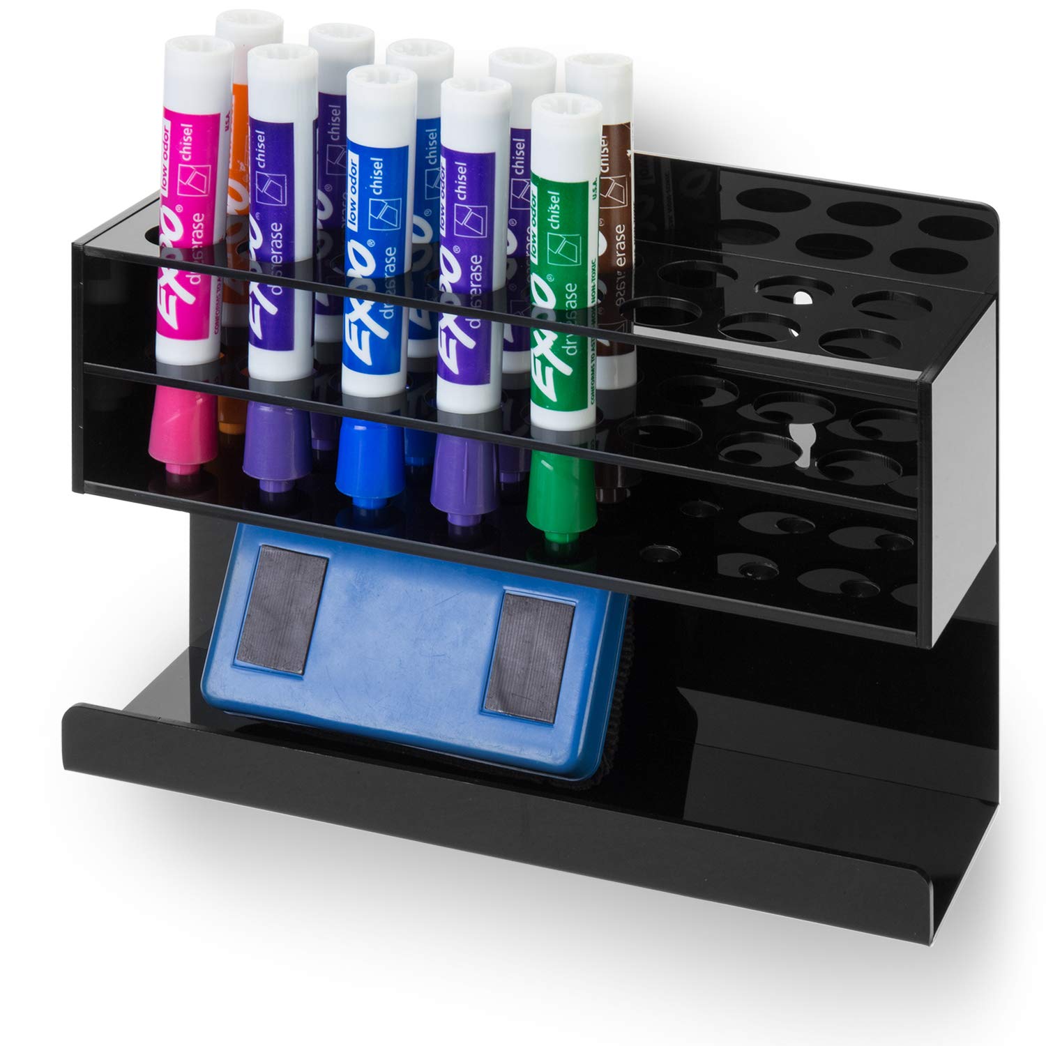 Mygift Wall Mounted Premium Black Acrylic Dry Erase Marker Holder With 16 Slots For Marker Pens And Eraser Storage Tray Whiteboa