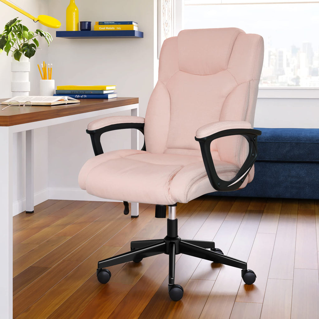 Serta Executive High Back Office Chair With Lumbar Support Ergonomic Upholstered Swivel Gaming Friendly Design, Microfiber, Pink
