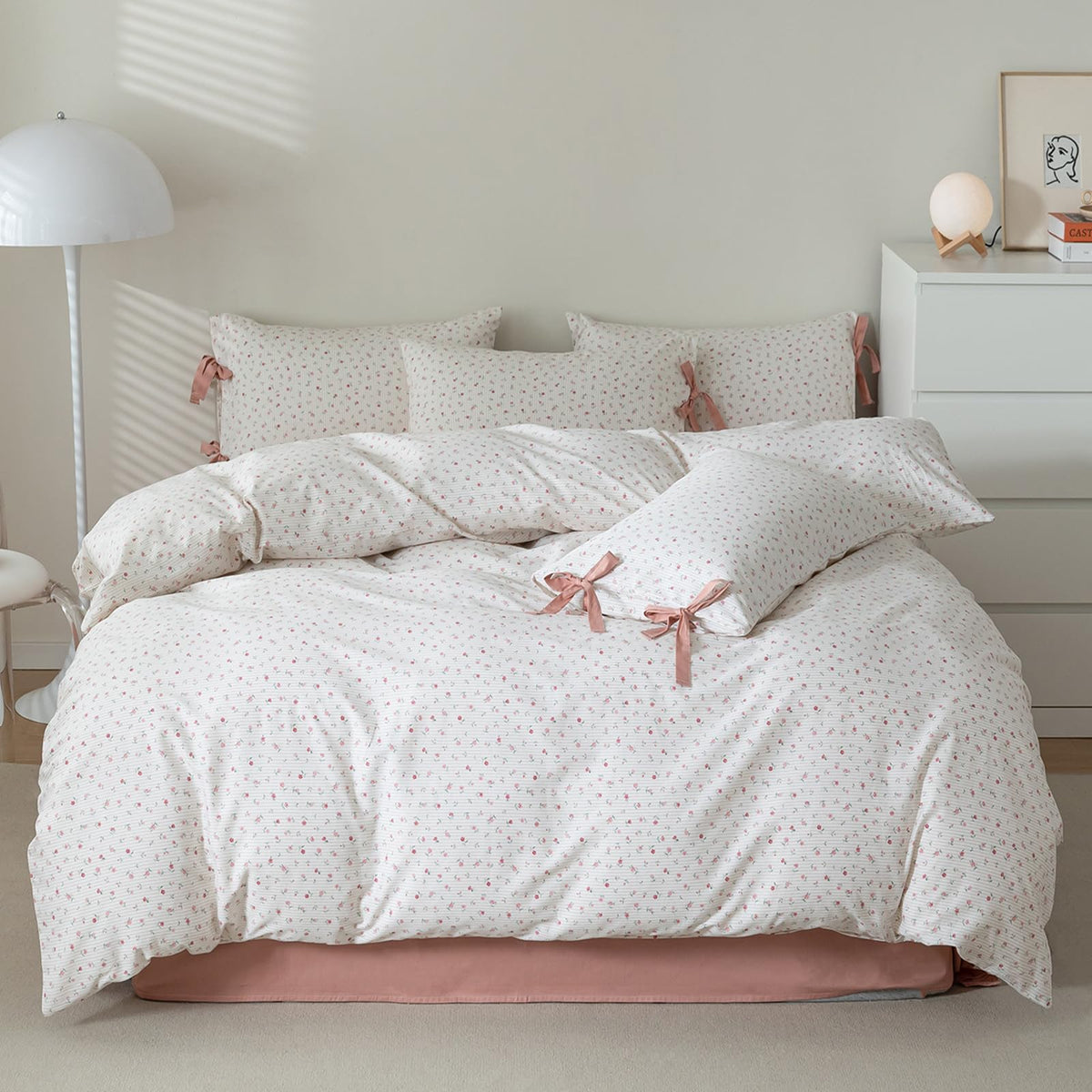Floral Duvet Cover Queen Size Cotton Boho Fresh Garden Floral Coquette Comforter Cover With 2 Bowknot Bow Tie Pillowcases,3 Piec