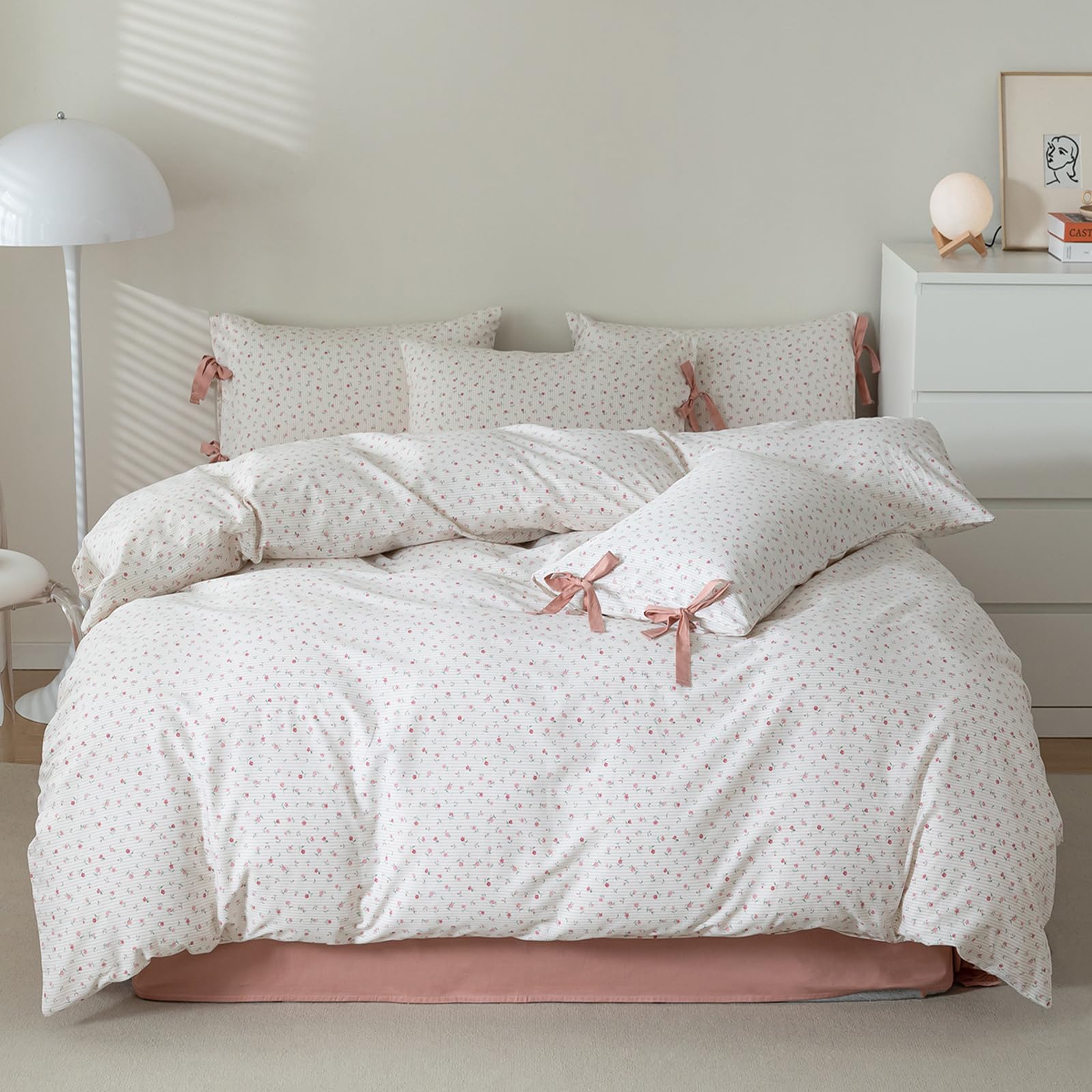 Floral Duvet Cover Queen Size Cotton Boho Fresh Garden Floral Coquette Comforter Cover With 2 Bowknot Bow Tie Pillowcases,3 Piec