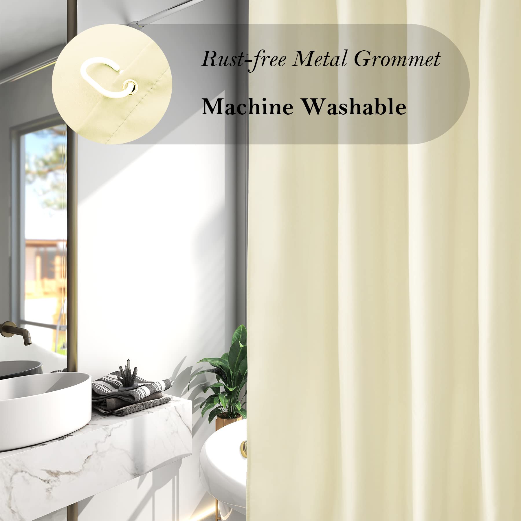 Aoohome Shower Curtain Liner, Fabric Bathroom Curtain With Hooks For Hotel, Weighted Hem, Water Repellent, Beige, 72 X 75 Inch