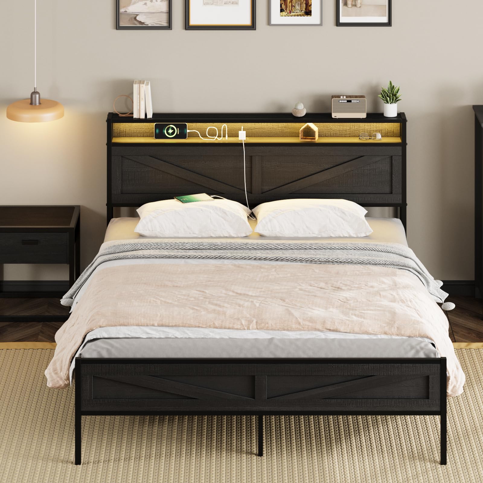 Halitaa LED Queen Size Bed Frame with Charging Station, Platform Metal Headboard Storage & USB Ports Outlets, Farmhouse Lights f