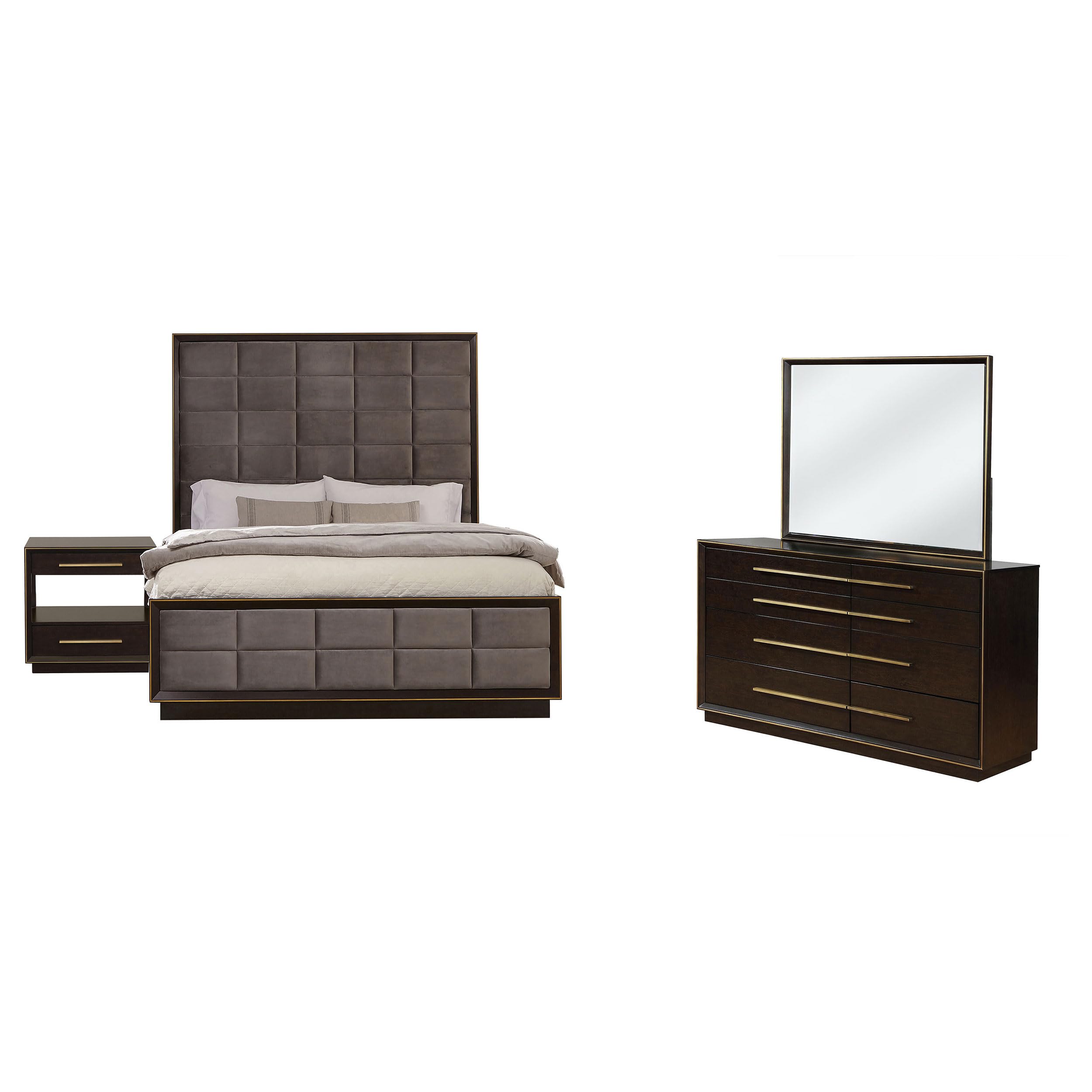 Coaster Home Furnishings Durango Contemporary 4-Piece Bedroom Set Velvet Upholstered Queen Size Panel Bed Frame 80-inch Headboard Smoked Peppercorn 223261Q-S4