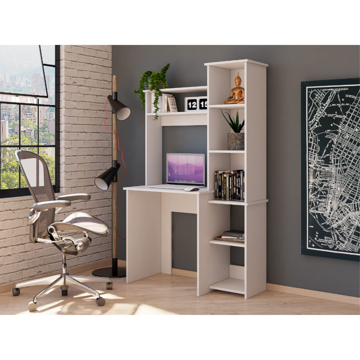 Aramis Ergonomic Desk with 5 Shelves and 2 Larger Shelves, 63.9" H, White