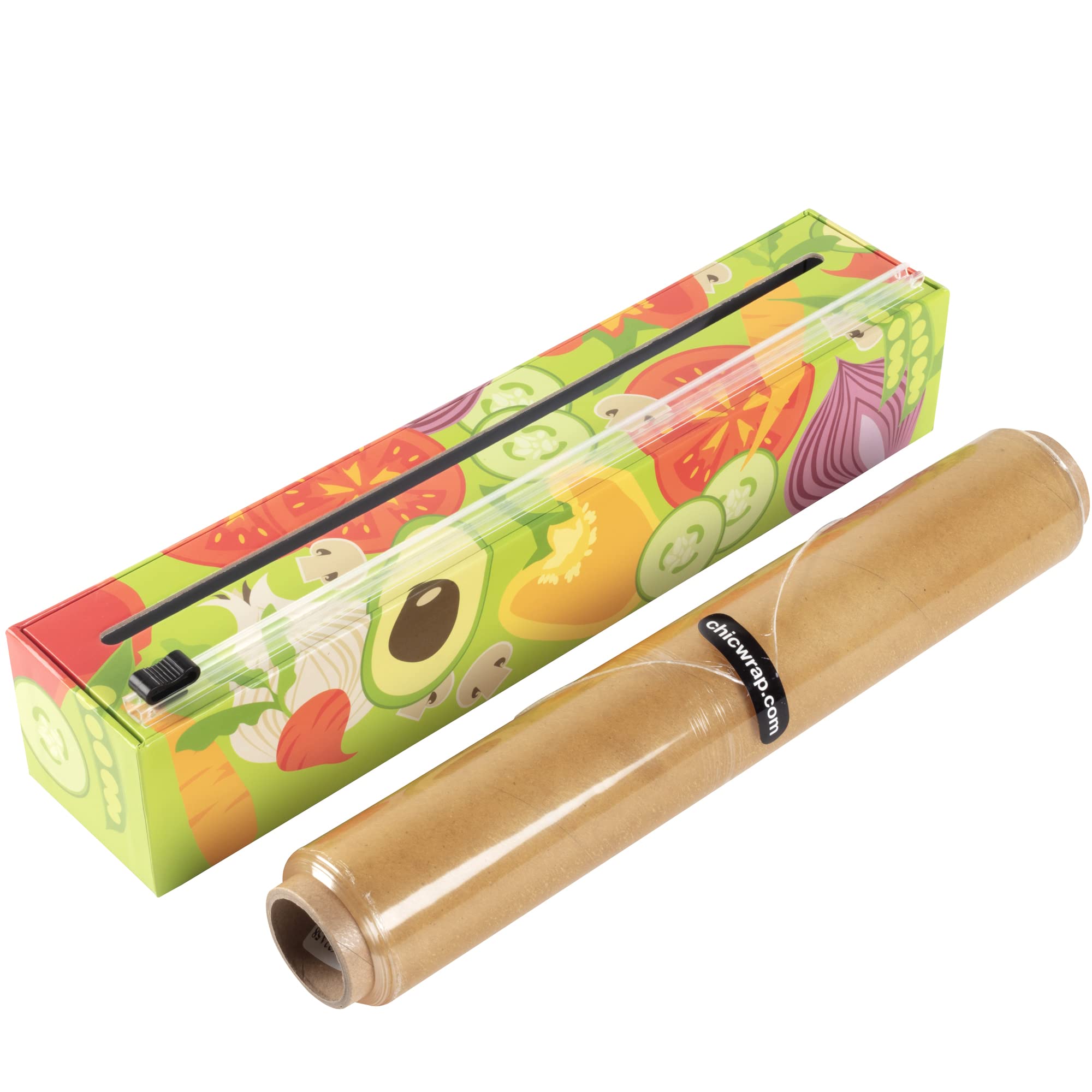Chicwrap Veggies Refillable Plastic Wrap Dispenser - Includes 12' X 250' Roll Professional Grade Disposable Plastic Wrap - Reus