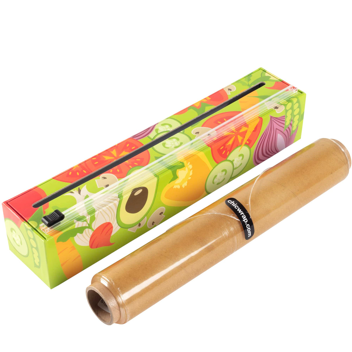 Chicwrap Veggies Refillable Plastic Wrap Dispenser - Includes 12' X 250' Roll Professional Grade Disposable Plastic Wrap - Reus