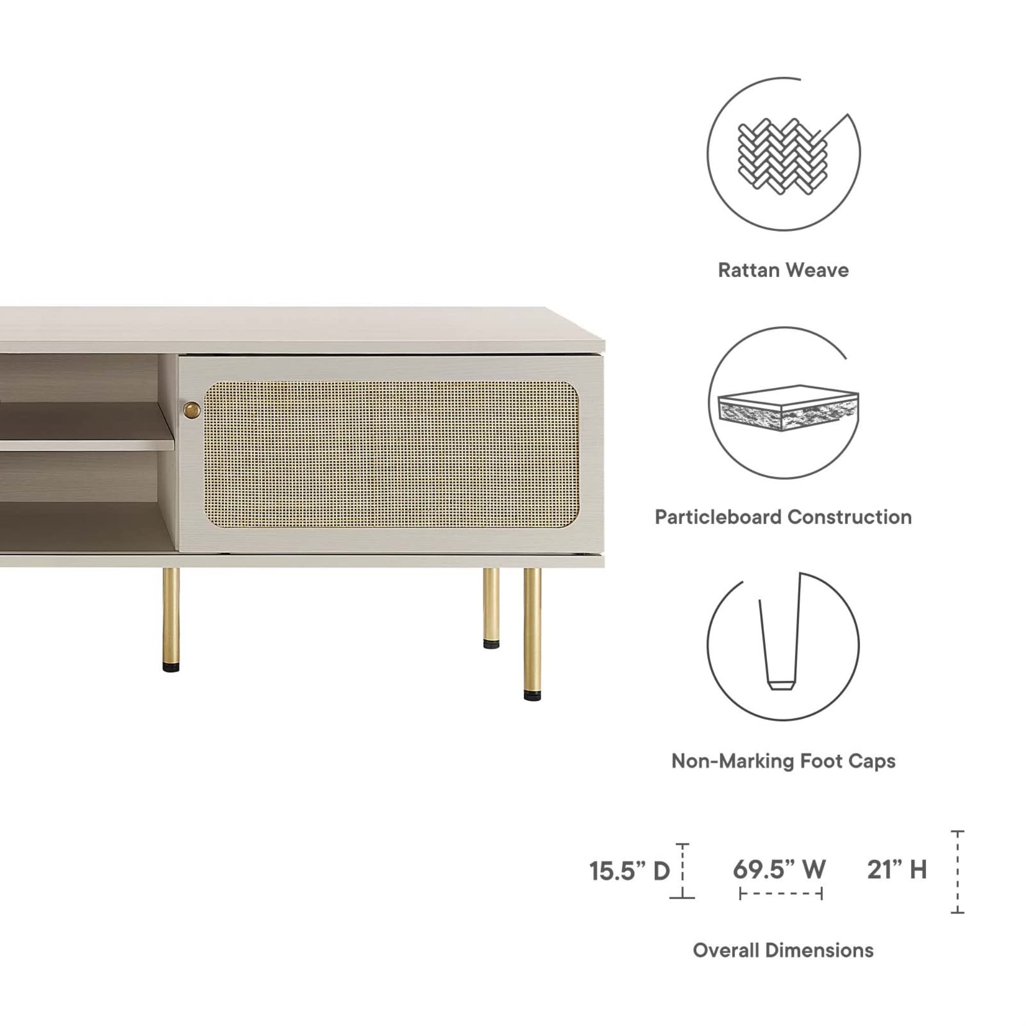 Modway Cambria Rattan and Particleboard TV Stand for TVs up to 70" in White